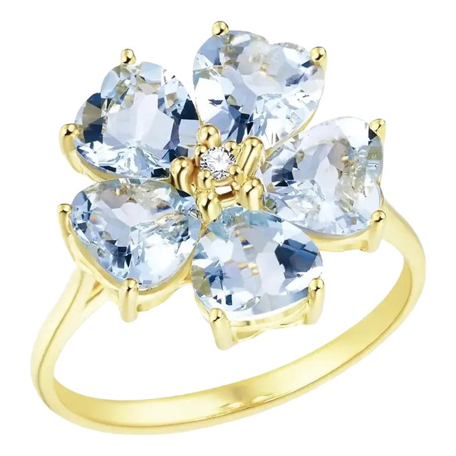 Nina Zhou Aquamarine Diamond Cherry Blossom Ring in 14k Yellow Gold, size 9 For Sale