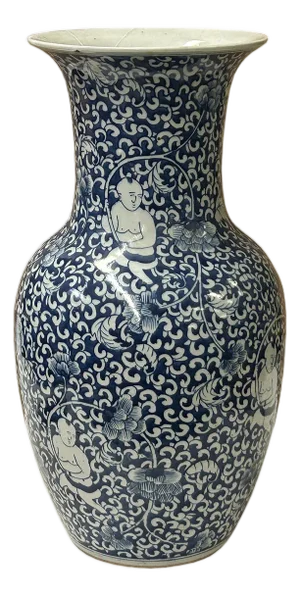 Oriental Blue White Kids Among Flower Graphic Porcelain Art Vase