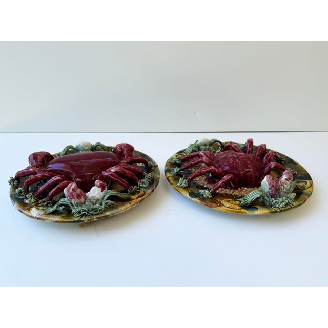 Red Pair of French Palissy Majolica Crab Plates For Sale - Image 8 of 12