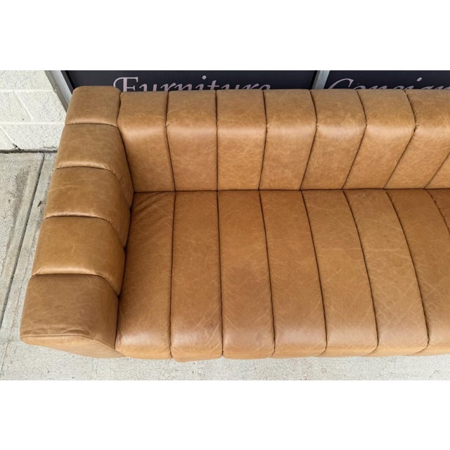 2020s Cb2 Forte 81-Inch Channeled Saddle Leather Sofa With Walnut Base For Sale - Image 5 of 16