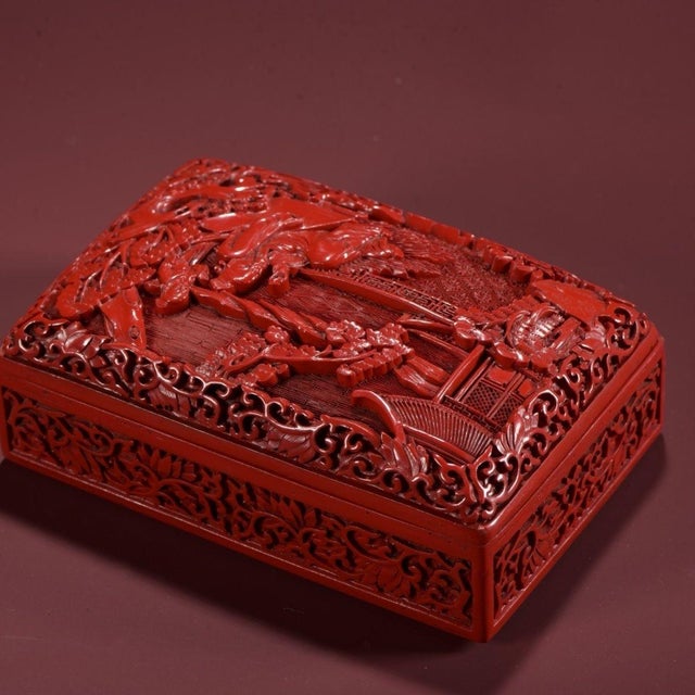 Red Vintage Chinese Cinnabar Lacquer Rectangular Lidded Box With Figural Carving For Sale - Image 8 of 9