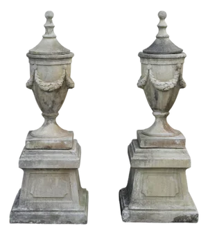 Late 20th Century Pair Of Neoclassical Style Cast Stone Garden Urns On Pedestals