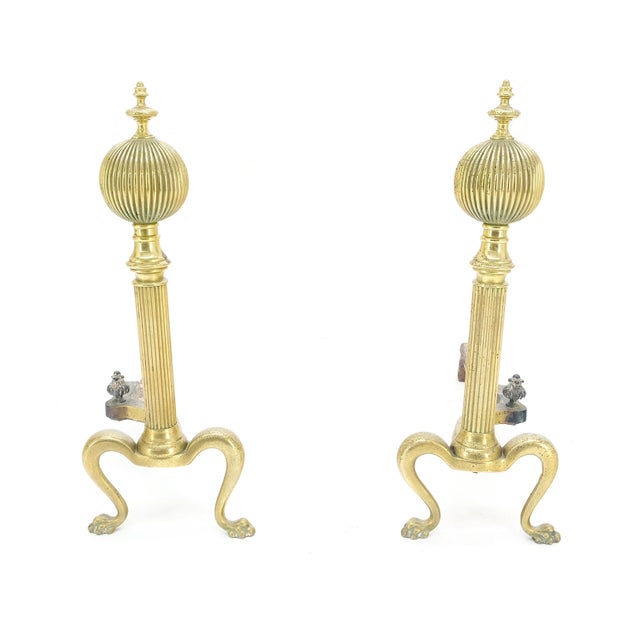 Art Deco Pair of Antique Solid Brass Ball Top Claw Feet Fireplace 22" Tall End Irons MINT For Sale - Image 3 of 9