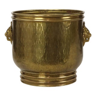 Large Hammered Brass Jardinière Planter with Lion Heads For Sale