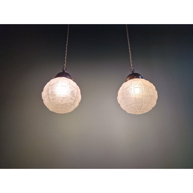 Silver Art Deco Pendant Lights in Pressed Molded Frosted Glass, 1930s, Set of 2 For Sale - Image 8 of 16