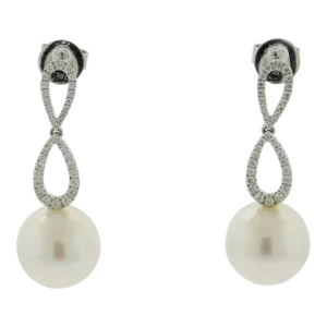 South Sea Pearl Diamond Drop Gold Earrings - A Pair