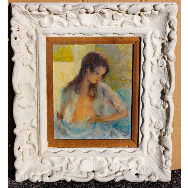 French impressionist boudoir portrait of a young girl. Oil on board. Original carved frame. Circa 1950's.