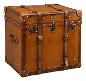 Handmade Leather Storage Trunk Side Table, Vintage English Belted Chest, Tan Leather Occasional Table, Brass Hardware Campaign Furniture