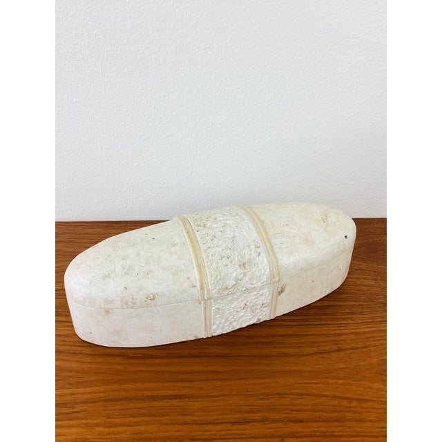 Vintage 1980s Tessellated Stone Box made of tessellated stone textured center area trimmed in reed cream in color by Dion...