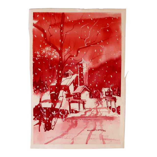 Signed 1985 Original Watercolor Painting on Paper of Red Hues Winter Village Scene For Sale