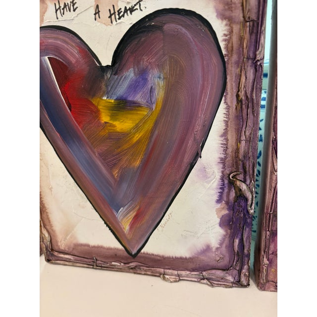 Wood Vintage Abstract Contemporary Folk Art Mixed Media Heart Signed Paintings – Collection of Three For Sale - Image 7 of 13