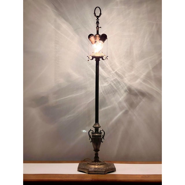 Antique French Neoclassical Tall Columnar Gilt Iron Two Light Table Lamp For Sale - Image 15 of 17