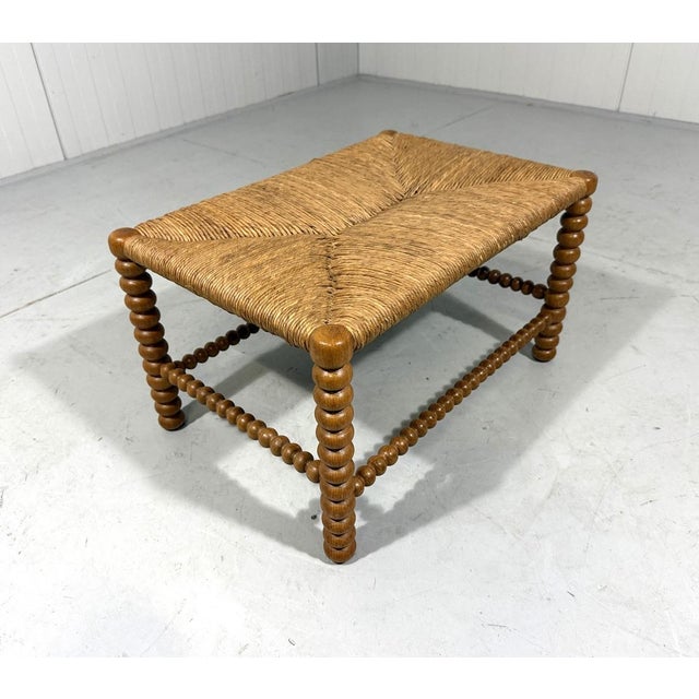 Wood Low Oak Bobbin Stool with Rush Seat, 1930s For Sale - Image 7 of 10
