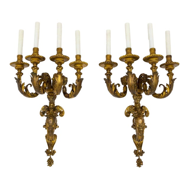 Large Early 19th Century Empire Bronze 4-Light Melusina Sconces -Pair For Sale