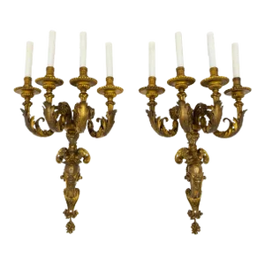 Large Early 19th Century Empire Bronze 4-Light Melusina Sconces -Pair