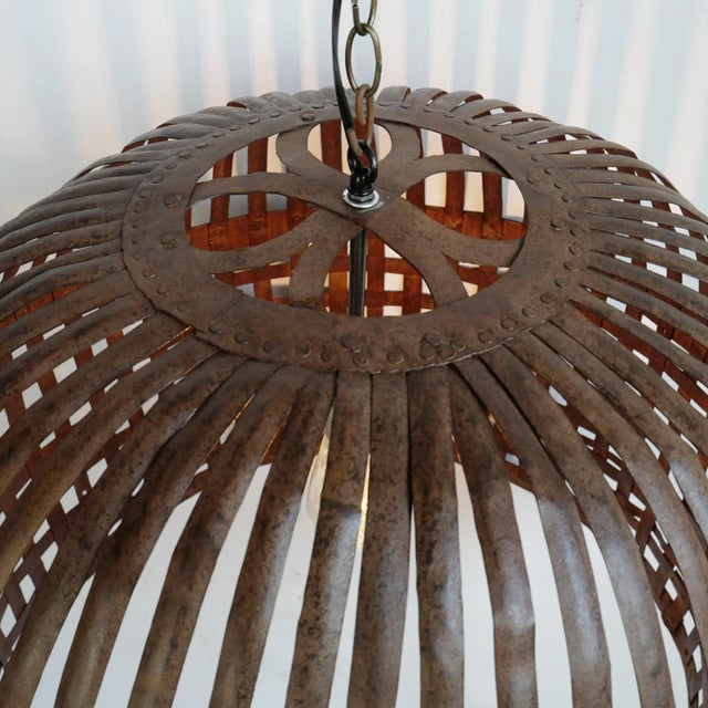 Vintage Rustic Industrial Iron Basket Cage Pendant Light For Sale - Image 4 of 7