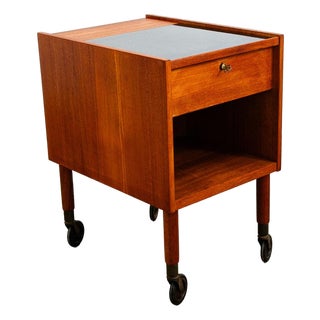 Mid Century Danish Modern End Table Craft Rolling Cart Teak Black Magazine Rack For Sale