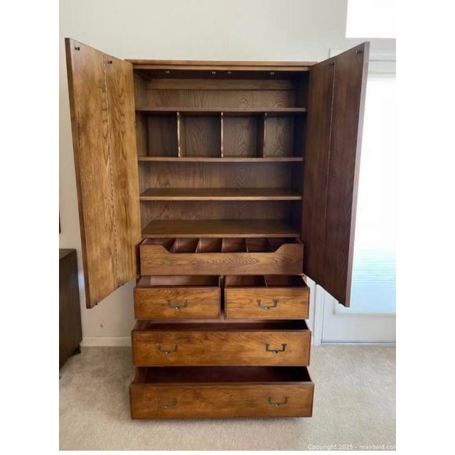 1970s 1970s Henredon Artefacts Campaign-Style Mid-Century Oak Armoire For Sale - Image 5 of 8