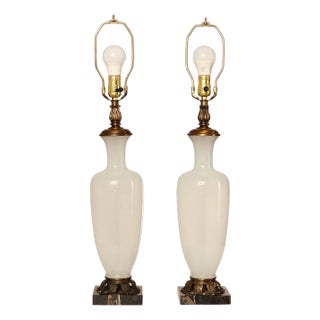 Mid Century Modern Pair of Opalescent Glass Vasiform Lamps For Sale