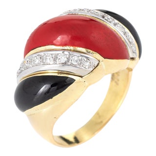 Red Coral Onyx Diamond Ring Vintage 14k Yellow Gold Scrolled Band Jewelry Sz 5.5 For Sale