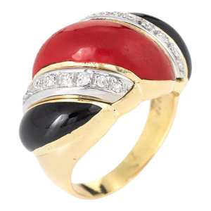 Red Coral Onyx Diamond Ring Vintage 14k Yellow Gold Scrolled Band Jewelry Sz 5.5