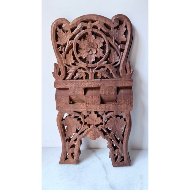 Mid-Century Modern 1970s Hand-Carved Wooden Foldable Book Stand - Brown For Sale - Image 3 of 7