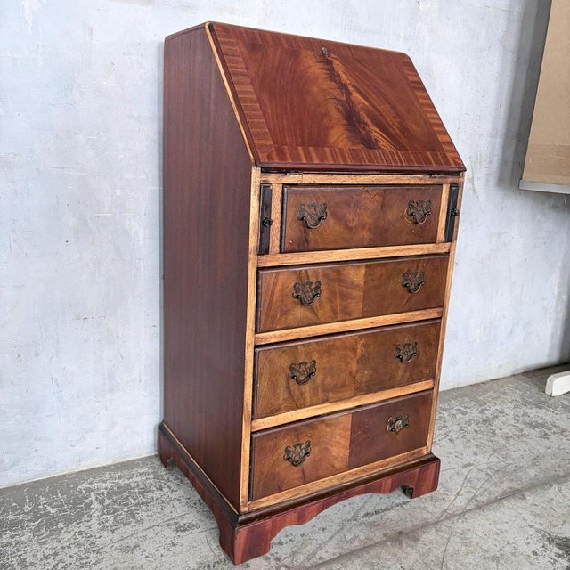 Metal Antique Mahogany & Oak Fall-Front Writing Bureau For Sale - Image 7 of 11