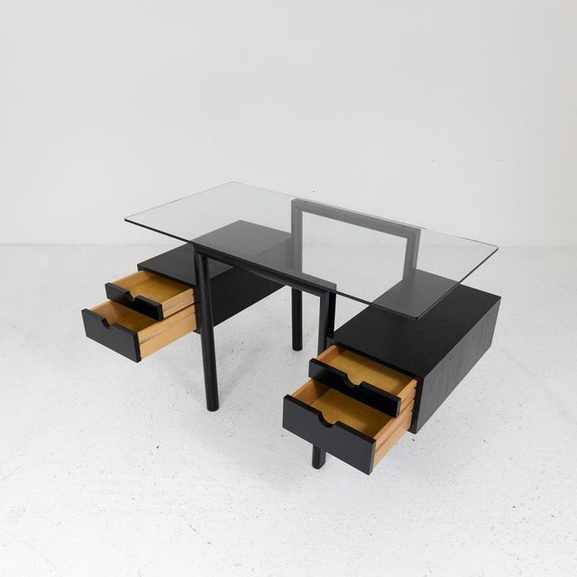 1980s Modern Lacquered Ash Desk with Glass Top and Suspended Drawers, 1980s For Sale - Image 5 of 11