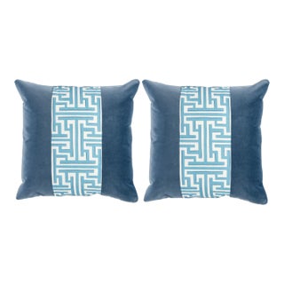 Pair of Dusty Blue Velvet Pillows With Fretwork Center Stripe 22x22 For Sale