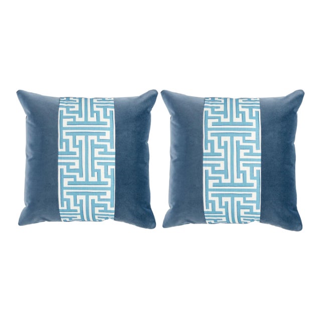 Pair of Dusty Blue Velvet Pillows With Fretwork Center Stripe 22x22 For Sale
