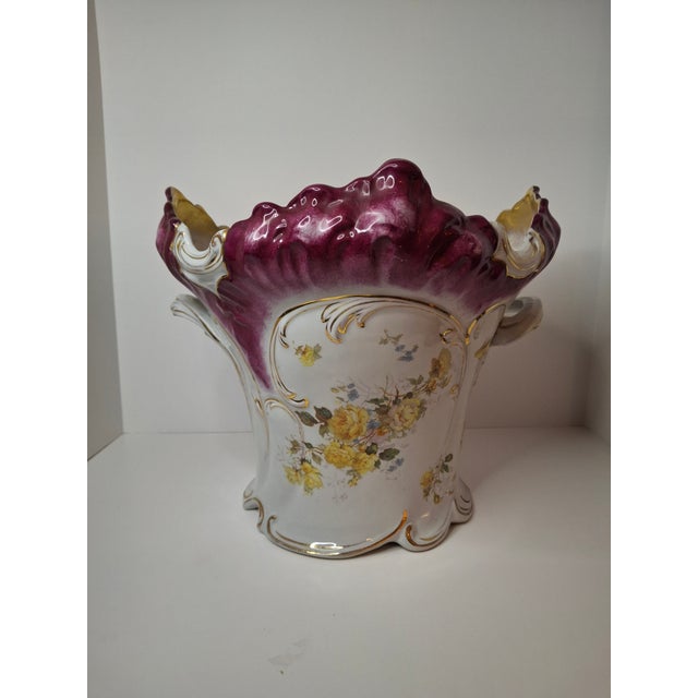 Antique Victorian Porcelain Jardinière Planter Centerpiece Yellow Roses Gold Gilt Plum 11" For Sale In Boston - Image 6 of 18