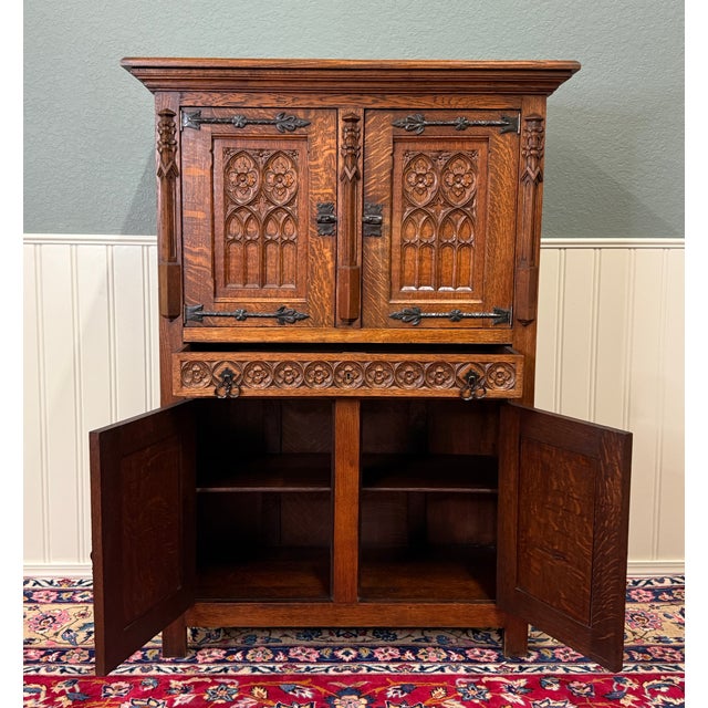 Antique French Gothic Linen Altar Wine Storage Cabinet Bookcase Bar Liquor Oak For Sale - Image 10 of 18