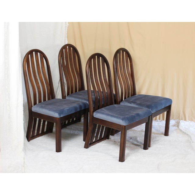 Set of 4 Oak Arched Dining Chairs With Blue Velvet Upholstered Seats For Sale - Image 12 of 16