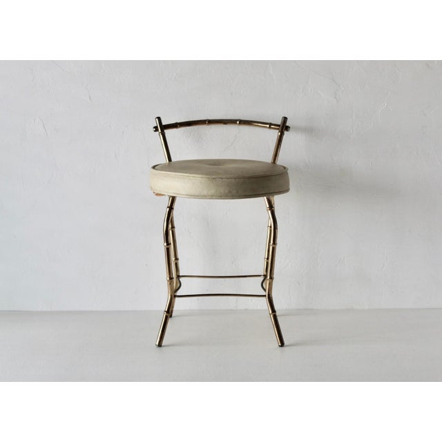 Vintage 1970s George Koch Gold Finish Faux Bamboo Vinyl Padded Swivel Vanity Stool Hollywood Regency For Sale - Image 10 of 16
