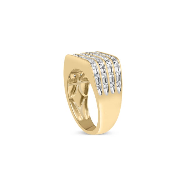 Contemporary 10K Yellow Gold 1.00 Cttw Diamond Multi Row Mens Ring Band - Size 9 For Sale - Image 3 of 6