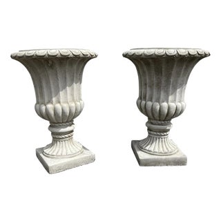 British Cast Stone Fluted Garden Urns, Set of 2 For Sale