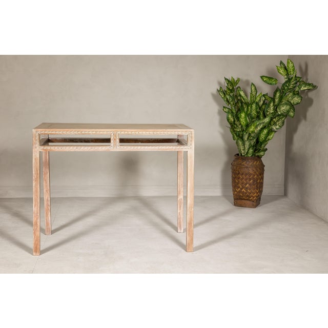 Beige Tall Console Table with Carved Beaded Rope Motif and Whitewash Natural Finish For Sale - Image 8 of 12