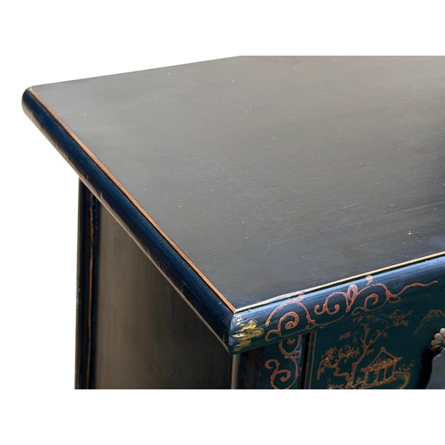 Distressed Black Golden Floral Graphic Tall Side End Table Cabinet For Sale - Image 11 of 14