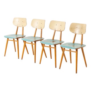 Mid-Century Modern Dining Chairs in Blue Painted Plywood, Czechoslovakia, 1960s, Set of 4 For Sale
