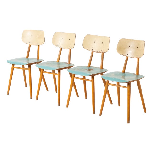 Mid-Century Modern Dining Chairs in Blue Painted Plywood, Czechoslovakia, 1960s, Set of 4 For Sale