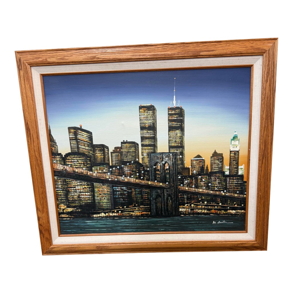 1990s M.Austin Twin Towers New York Oil Painting on Canvas Signed