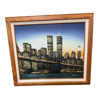 1990s M.Austin Twin Towers New York Oil Painting on Canvas Signed by Artist For Sale