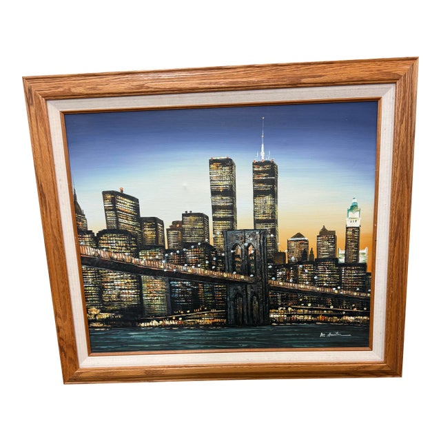 1990s M.Austin Twin Towers New York Oil Painting on Canvas Signed by Artist For Sale