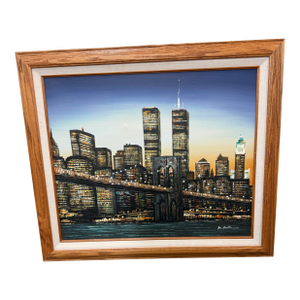 1990s M.Austin Twin Towers New York Oil Painting on Canvas Signed by Artist