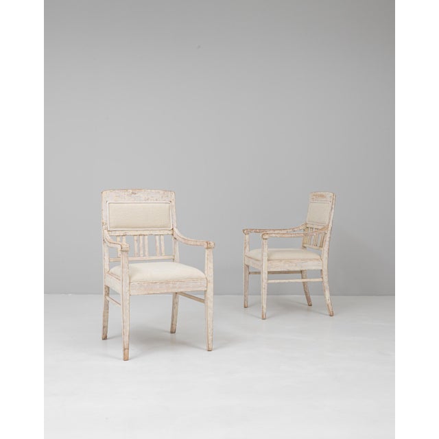 20th Century French White Patinated Gustavian Upholstered Chairs - A Pair For Sale - Image 16 of 18