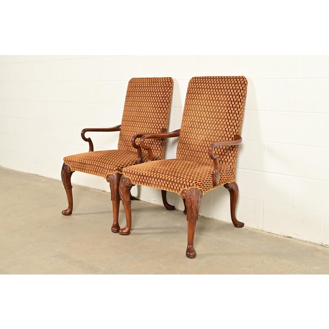 Queen Anne Baker Furniture Stately Homes Georgian Carved Mahogany Open Arm Library Chairs, Pair For Sale - Image 3 of 13