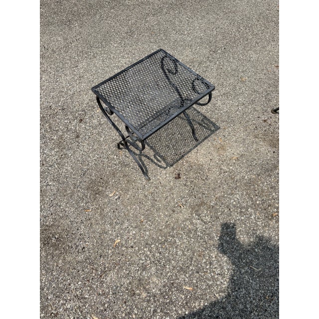 Vintage Wrought Iron Garden and Patio Furniture Four Piece Set Featuring Barrel Back Chairs and Bench With End Table For Sale - Image 10 of 10