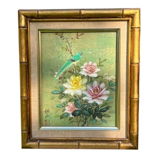 Vintage Asian Original Blue Bird & Flowers Painting - Signed For Sale