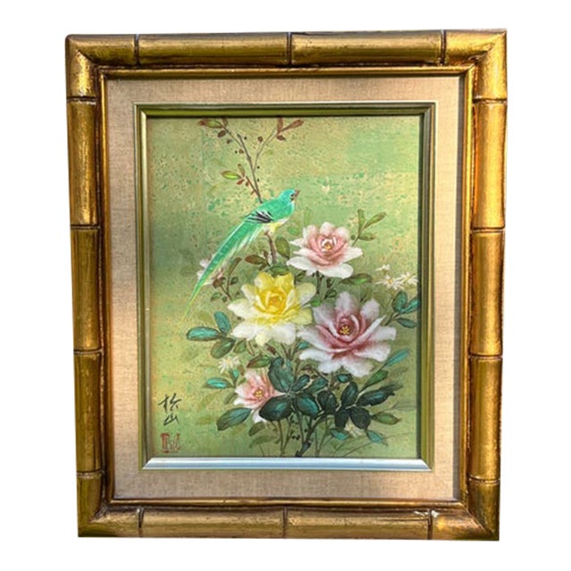 Vintage Asian Original Blue Bird & Flowers Painting - Signed For Sale
