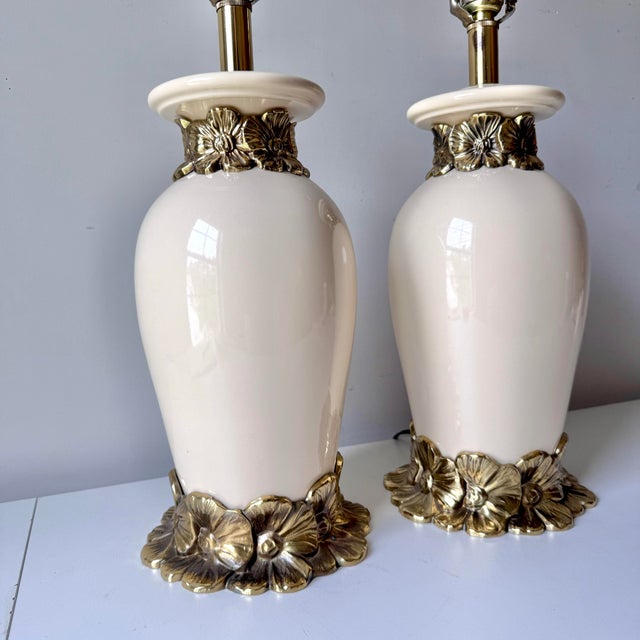Metal 1980s Brass Daisy and Porcelain Lamps; A Pair For Sale - Image 7 of 12